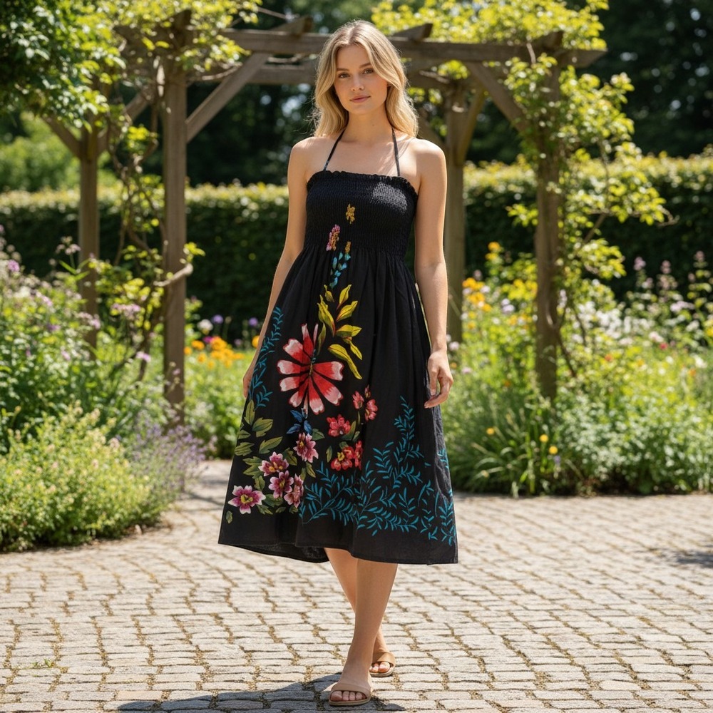 Alki Halter Dress Women One Size Smocked Cotton Tropical Floral Black Midi Boho